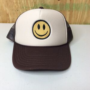 Smile Face Embroidered Foam Mesh Back Cap- One Size, Brown Tan